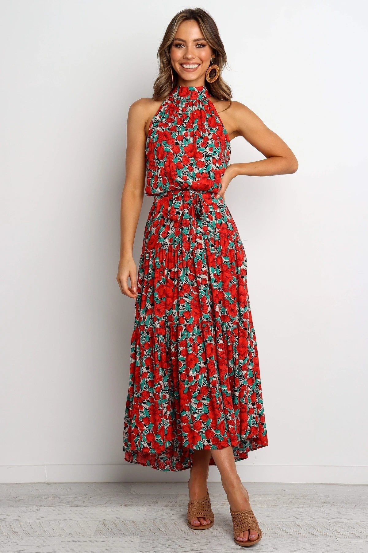 Printed Belted Elegant Sleeveless Mixi A Line Dress