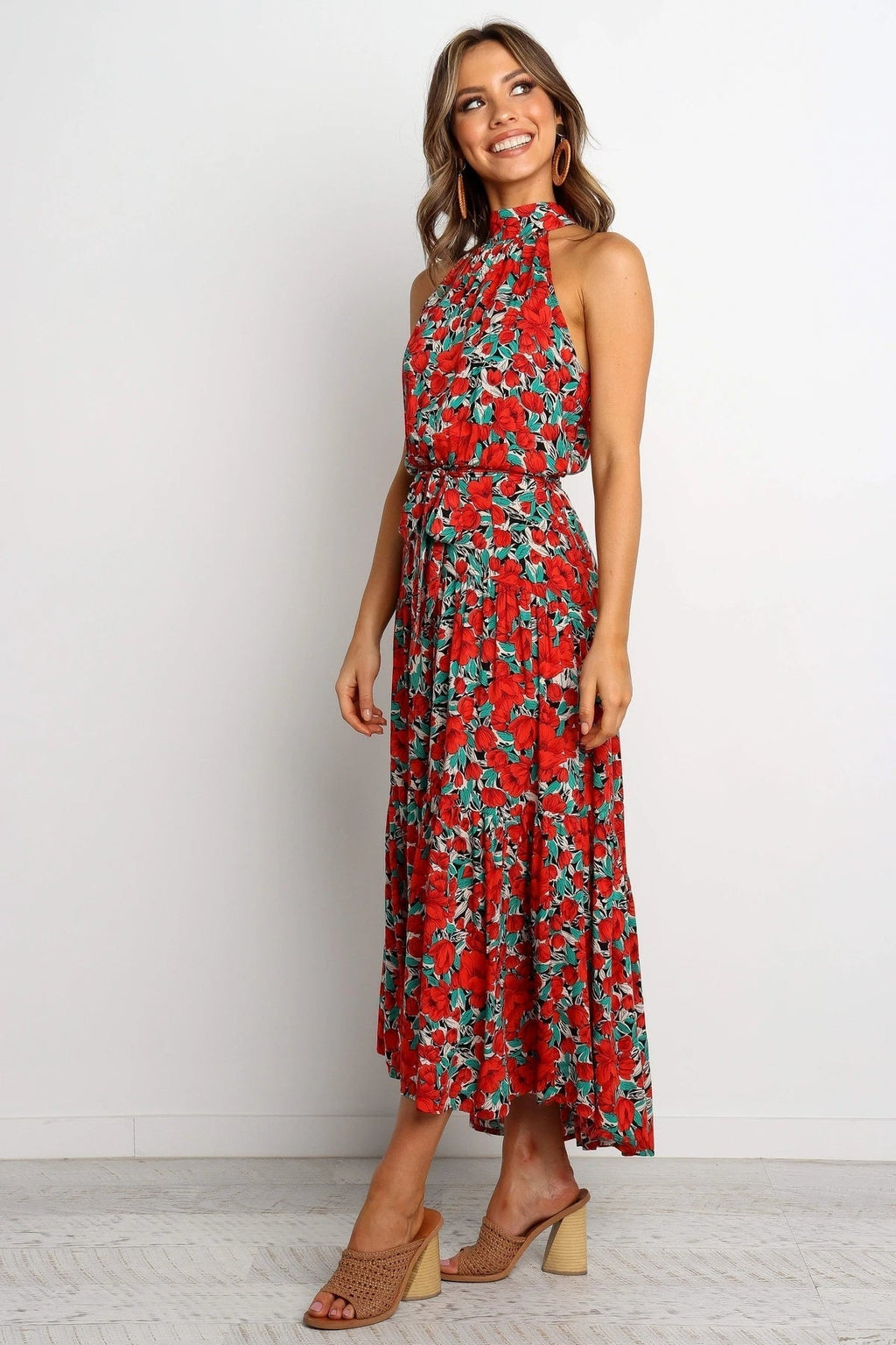 Printed Belted Elegant Sleeveless Mixi A Line Dress