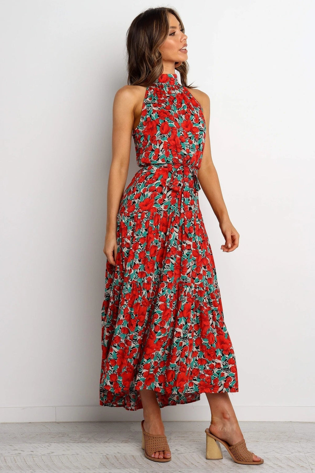 Printed Belted Elegant Sleeveless Mixi A Line Dress