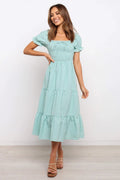 Check Square Neck Tie Ruffle Vacition A Line Dress
