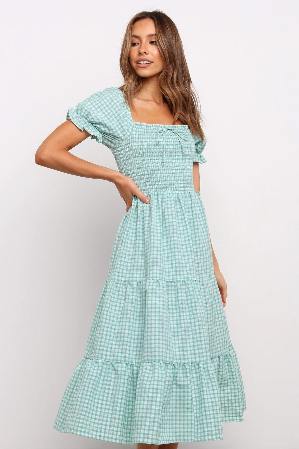 Check Square Neck Tie Ruffle Vacition A Line Dress