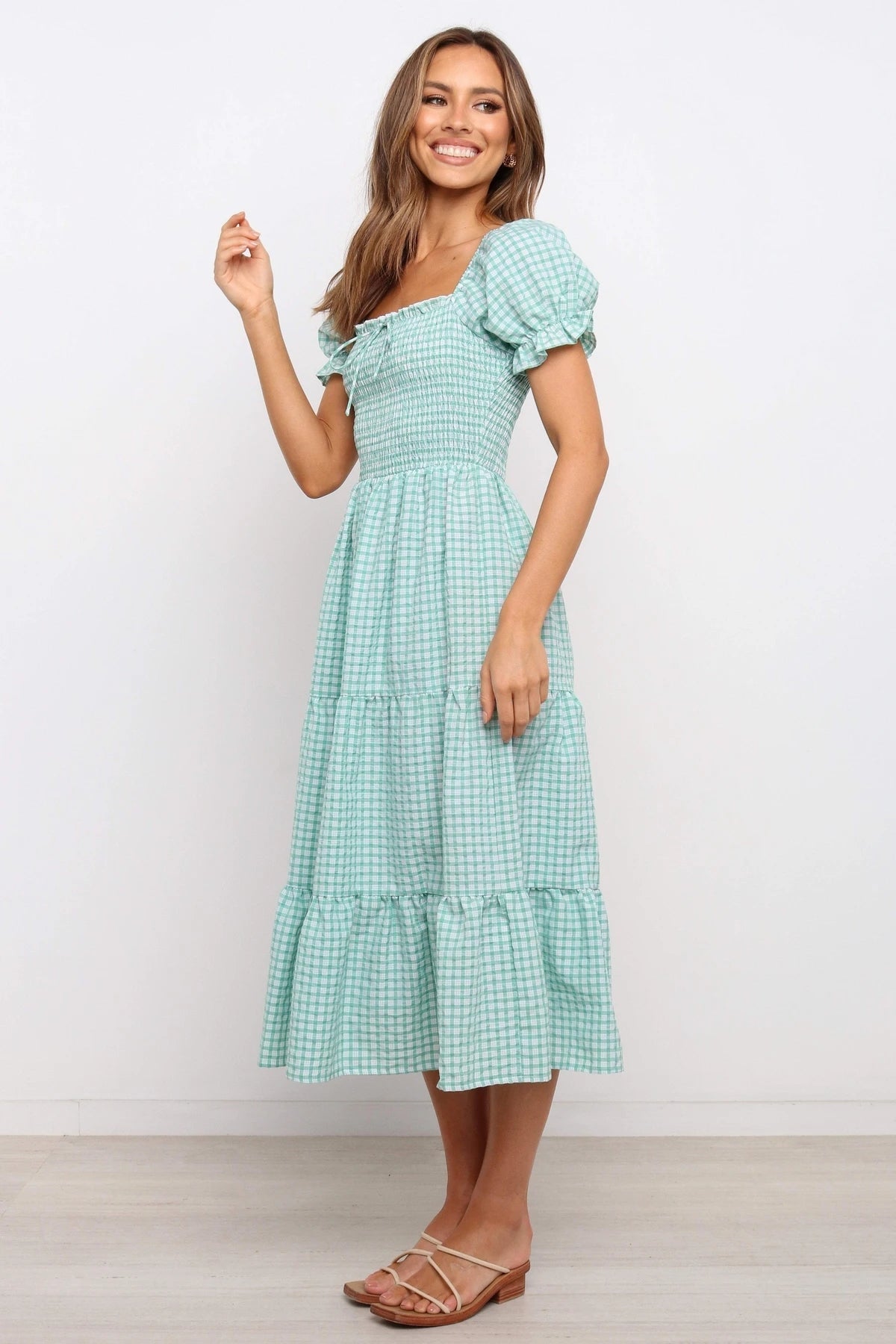 Check Square Neck Tie Ruffle Vacition A Line Dress