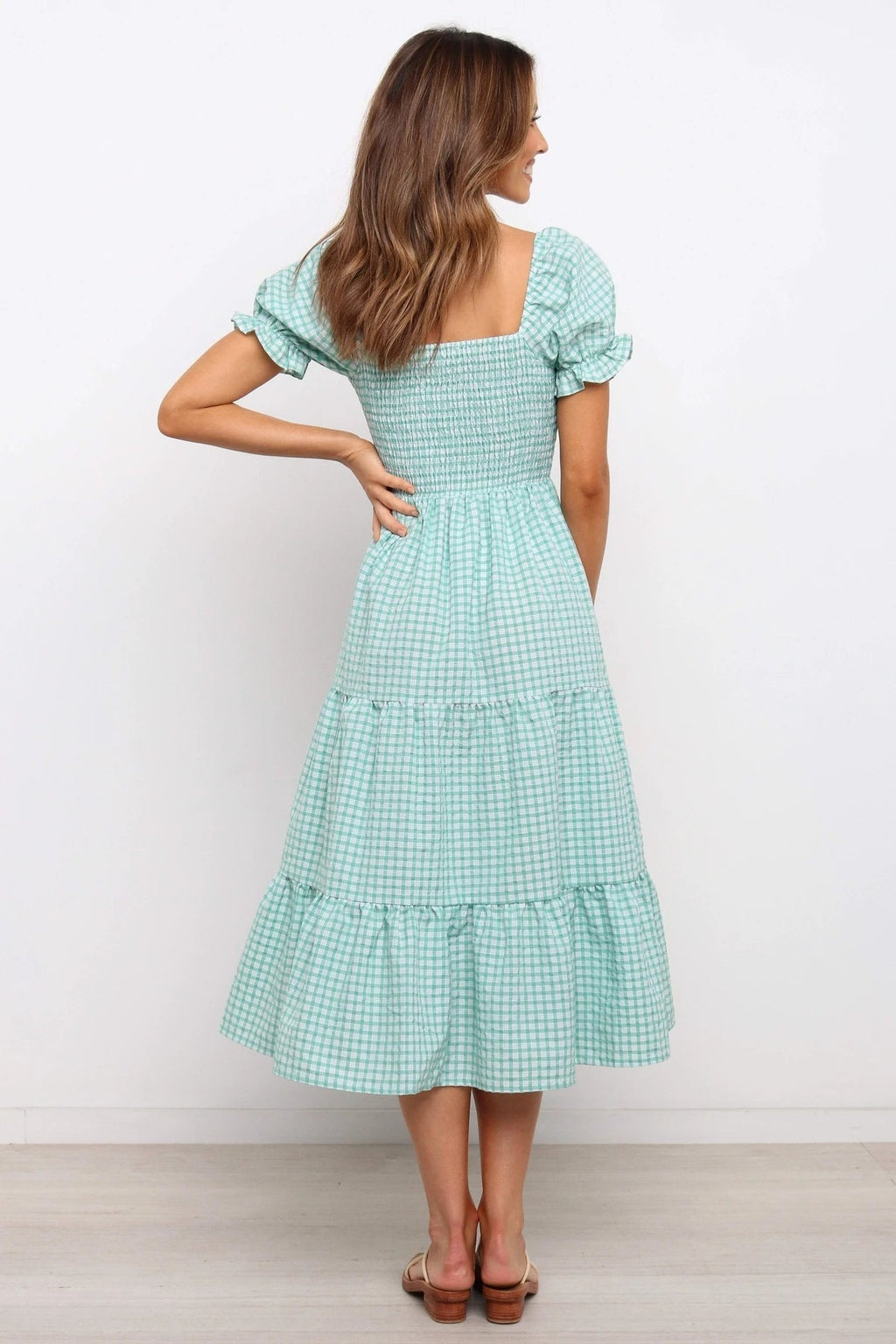Check Square Neck Tie Ruffle Vacition A Line Dress