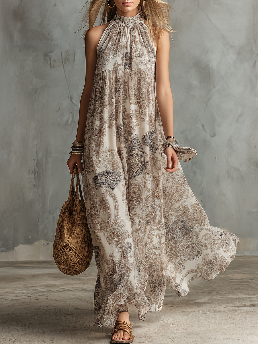 Vintage Elegant Stand-collar Sleeveless Paisley Print Chiffon Maxi Dress