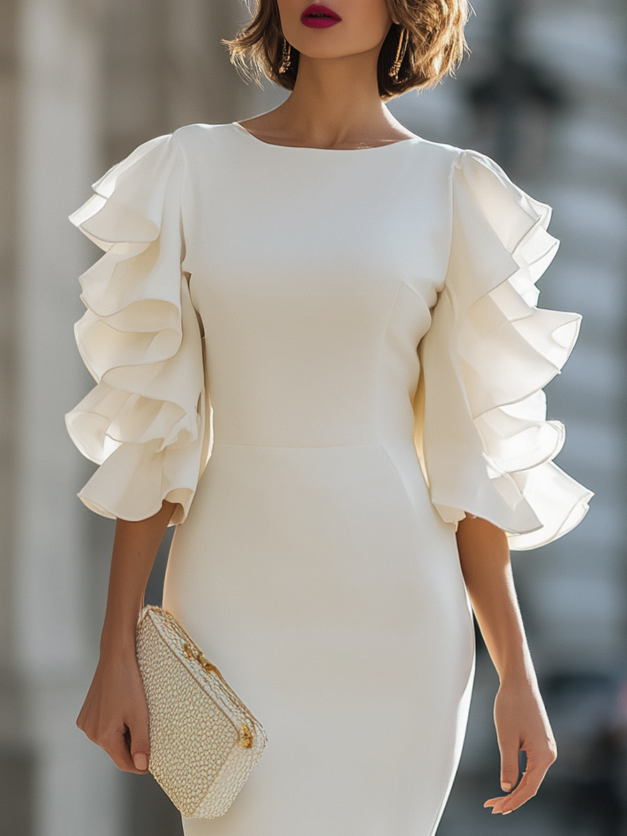 White Dress With Ruffled Sheer Sleeves