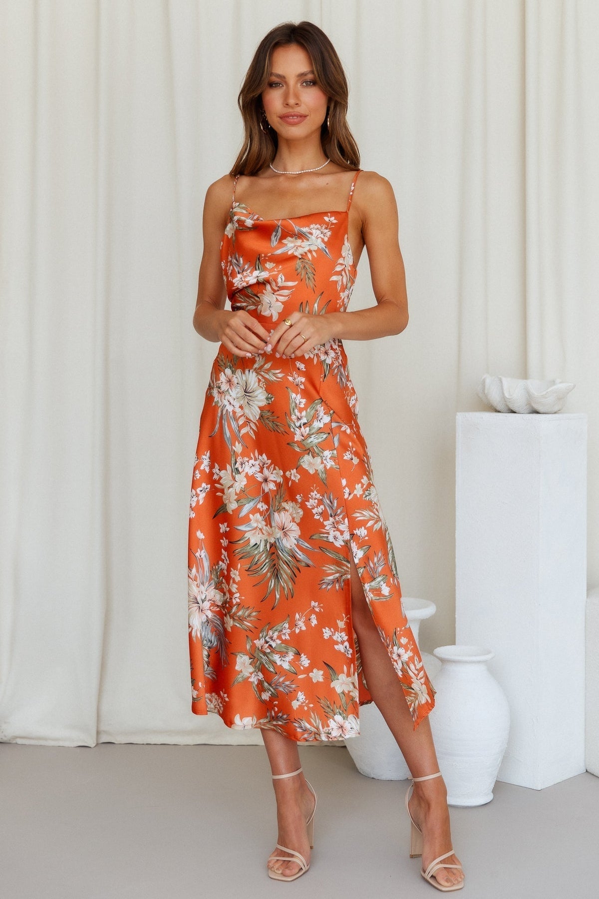 Vacation Sleeveless Floral High Split Cami Maxi Dress
