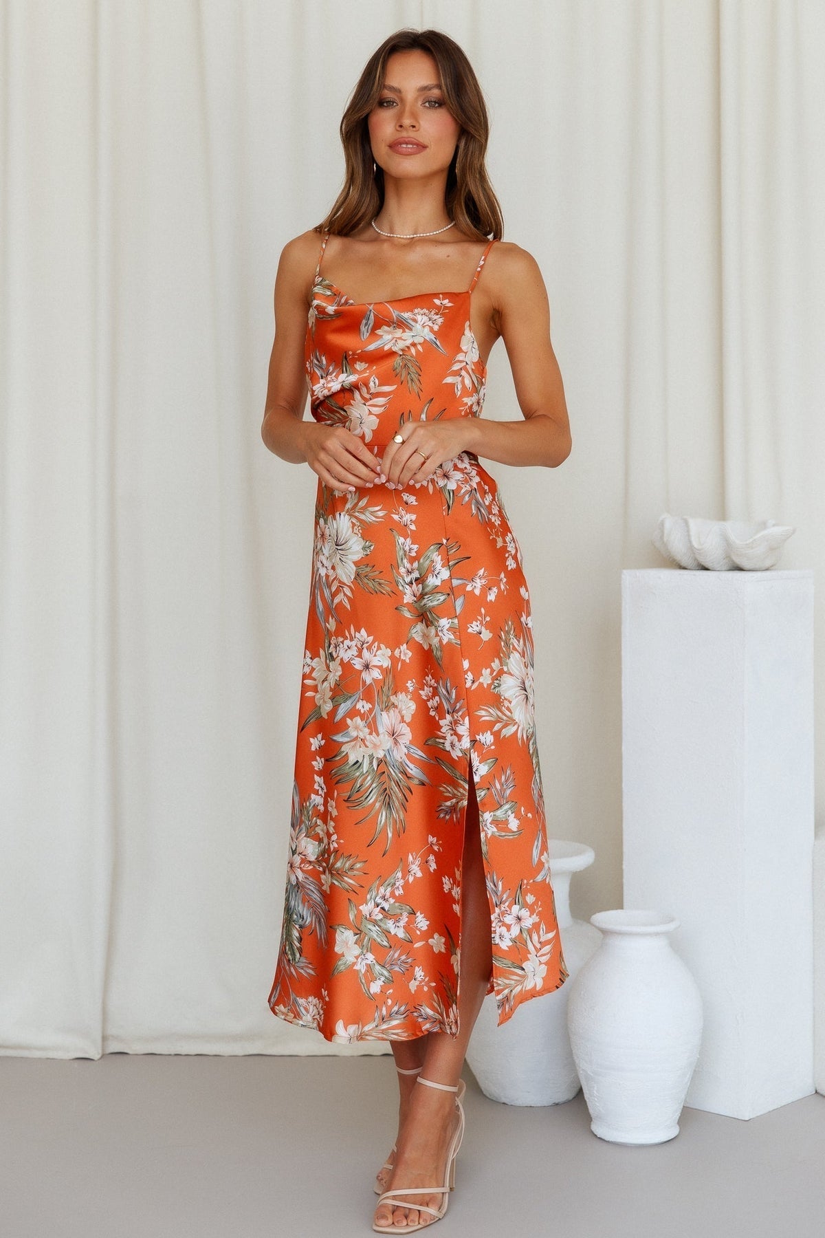 Vacation Sleeveless Floral High Split Cami Maxi Dress
