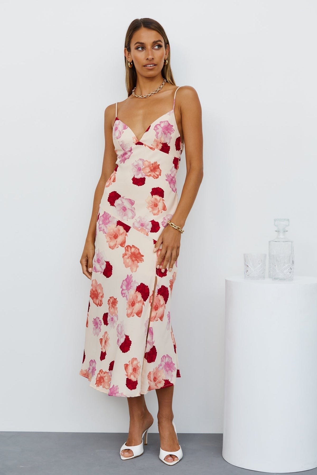French Print V Neck Split Suspender Dress
