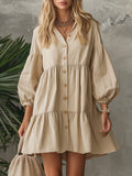 Retro Minimalist Style Stand Collar Ruffle Solid Color Long Sleeve Mini Dress