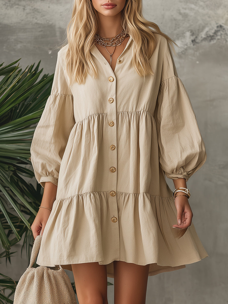 Retro Minimalist Style Stand Collar Ruffle Solid Color Long Sleeve Mini Dress