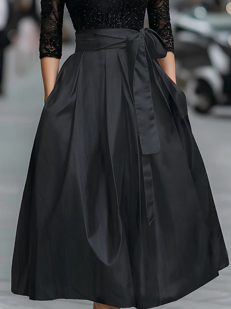 Elegant Black Lace Bodice Dress With Pleated Skirt