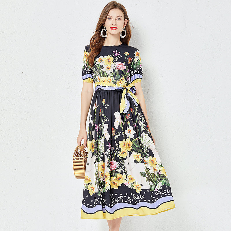 Positioning Flower Print Large Swing Dress Short Sleeve A line Dress
