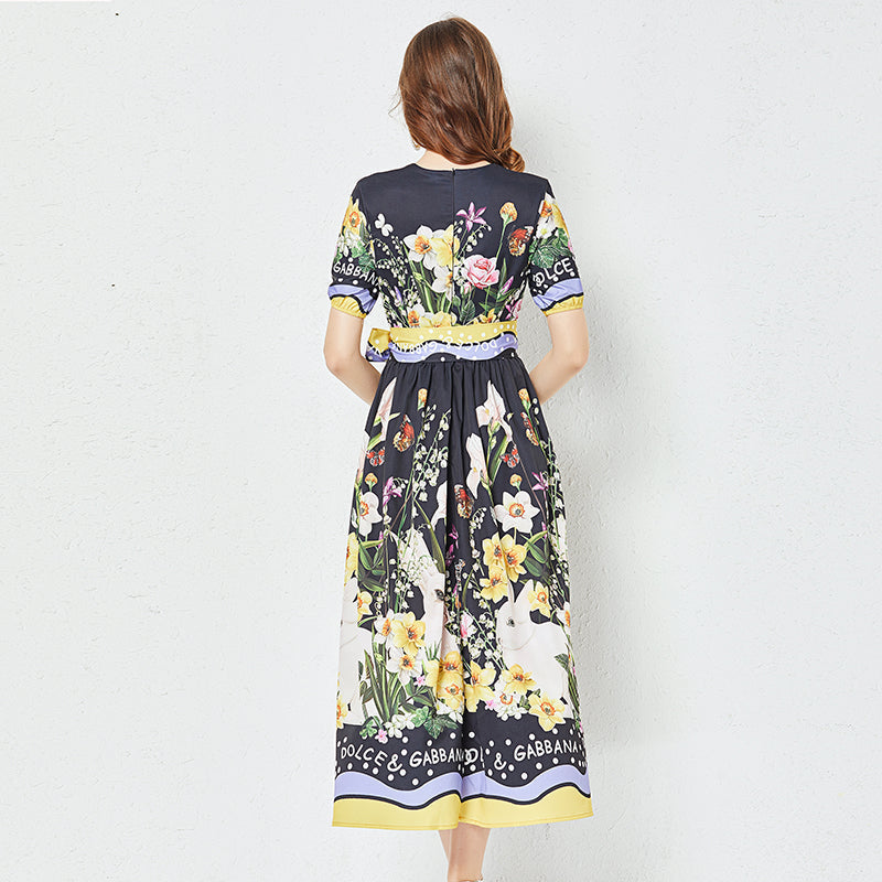 Positioning Flower Print Large Swing Dress Short Sleeve A line Dress