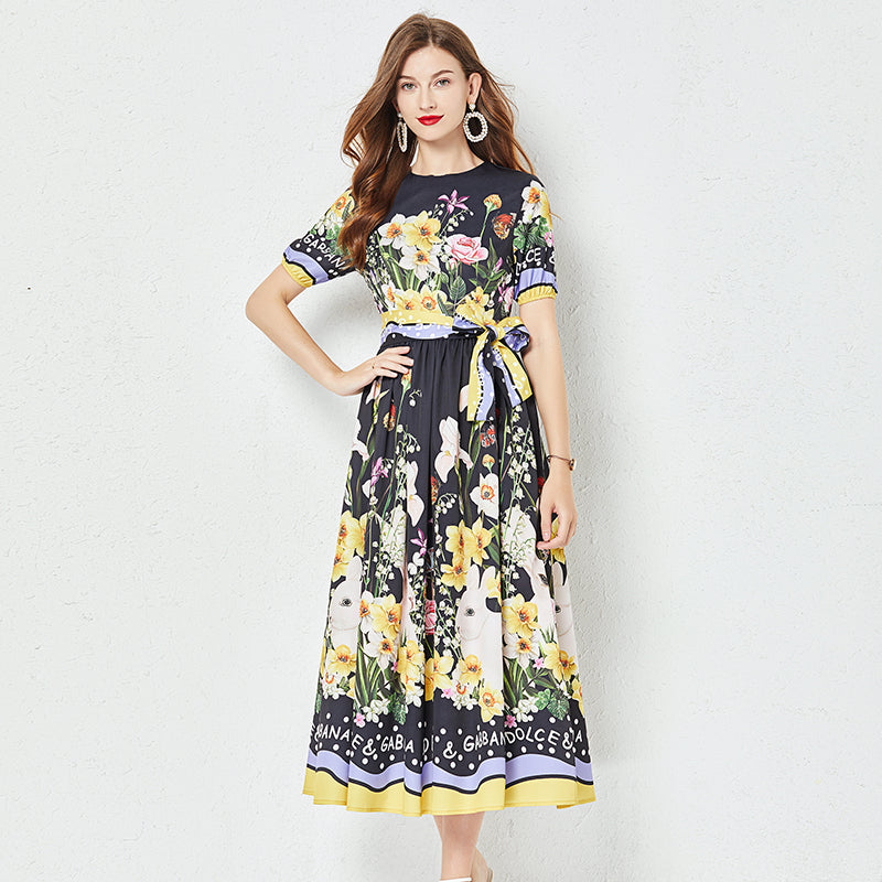 Positioning Flower Print Large Swing Dress Short Sleeve A line Dress