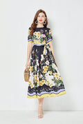 Positioning Flower Print Large Swing Dress Short Sleeve A line Dress