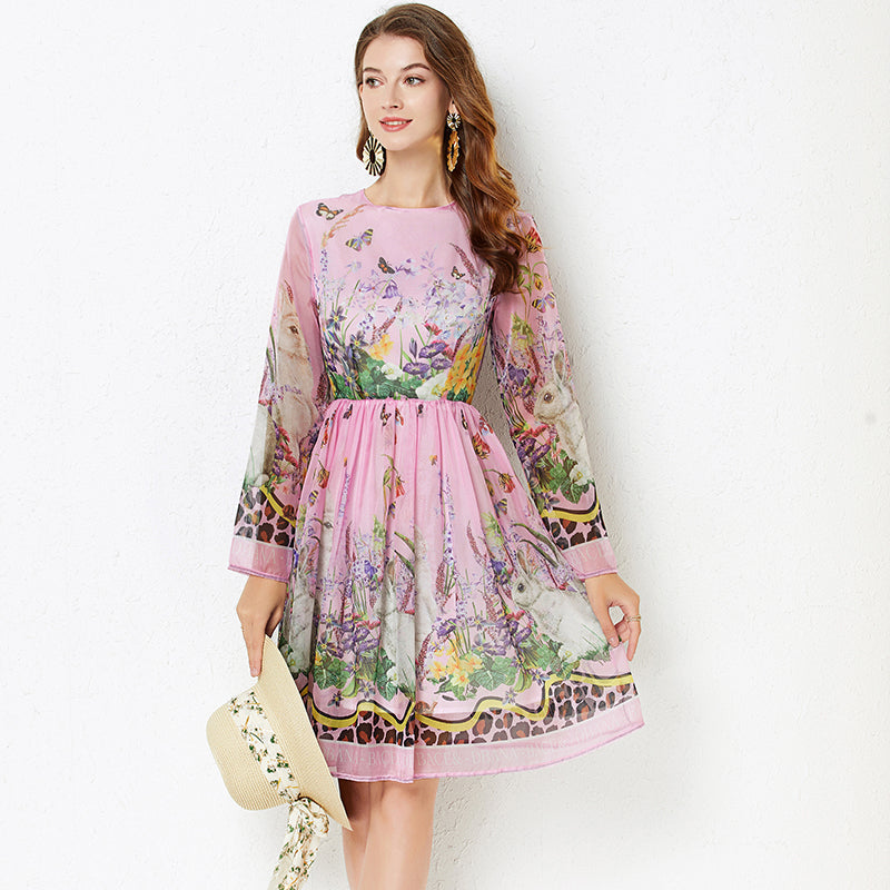 Positioning Rabbit Flower Print Large Swing Dress Long Sleeve A line Dress