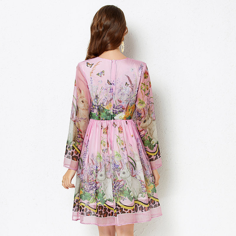 Positioning Rabbit Flower Print Large Swing Dress Long Sleeve A line Dress