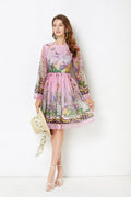 Positioning Rabbit Flower Print Large Swing Dress Long Sleeve A line Dress