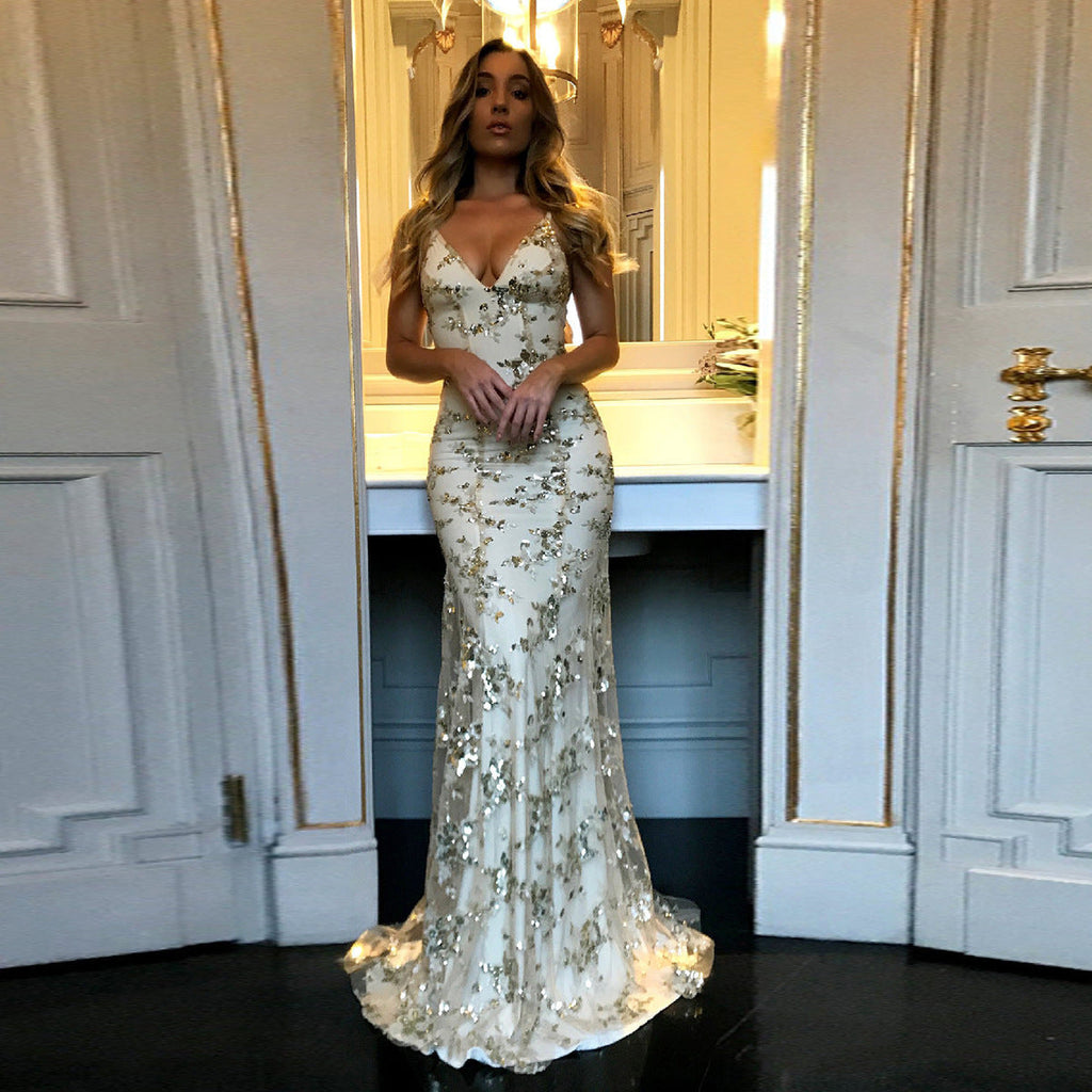 Wedding Sequin Gauze Slim-Fit Trailing Backless Formal Dress