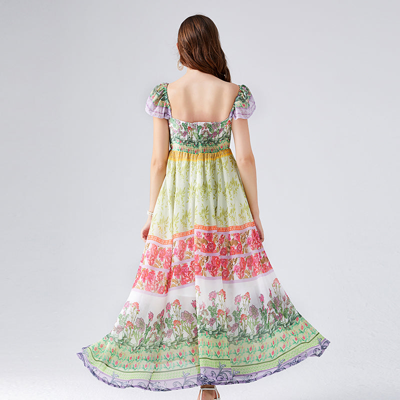 Contrast Colorful Flower Print Chiffon Dress High Waist Back Rubber A Line Dress