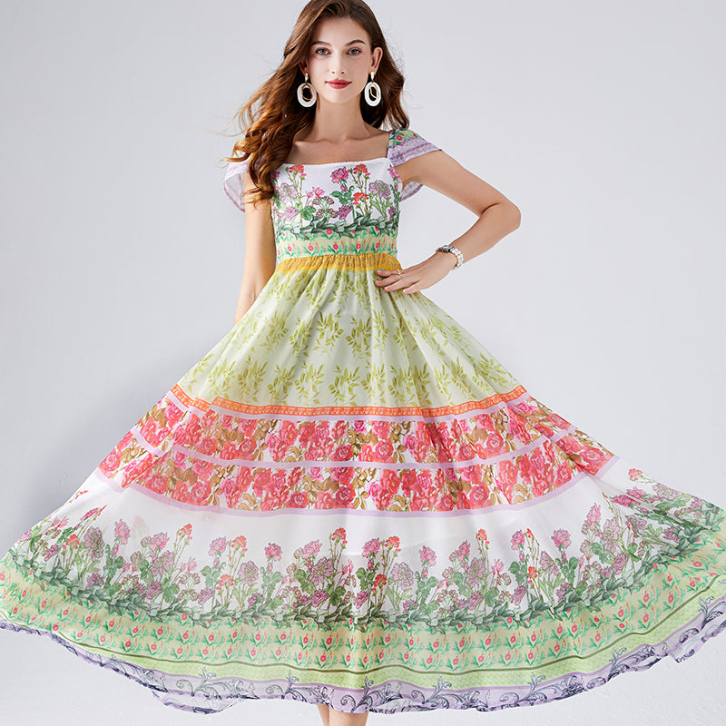 Contrast Colorful Flower Print Chiffon Dress High Waist Back Rubber A Line Dress