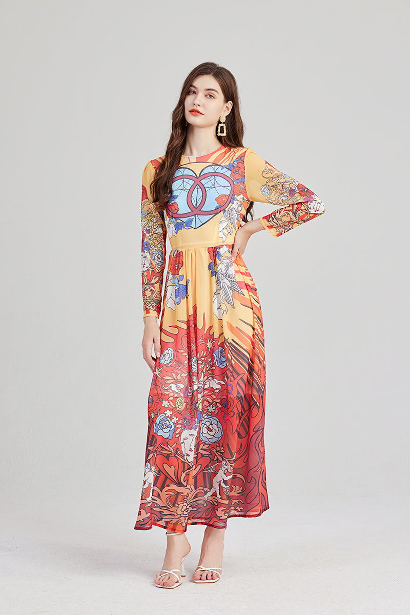 Arrival Angel Print Lightweight Imitation Chiffon dress Round Neck Large Swing A line Dress