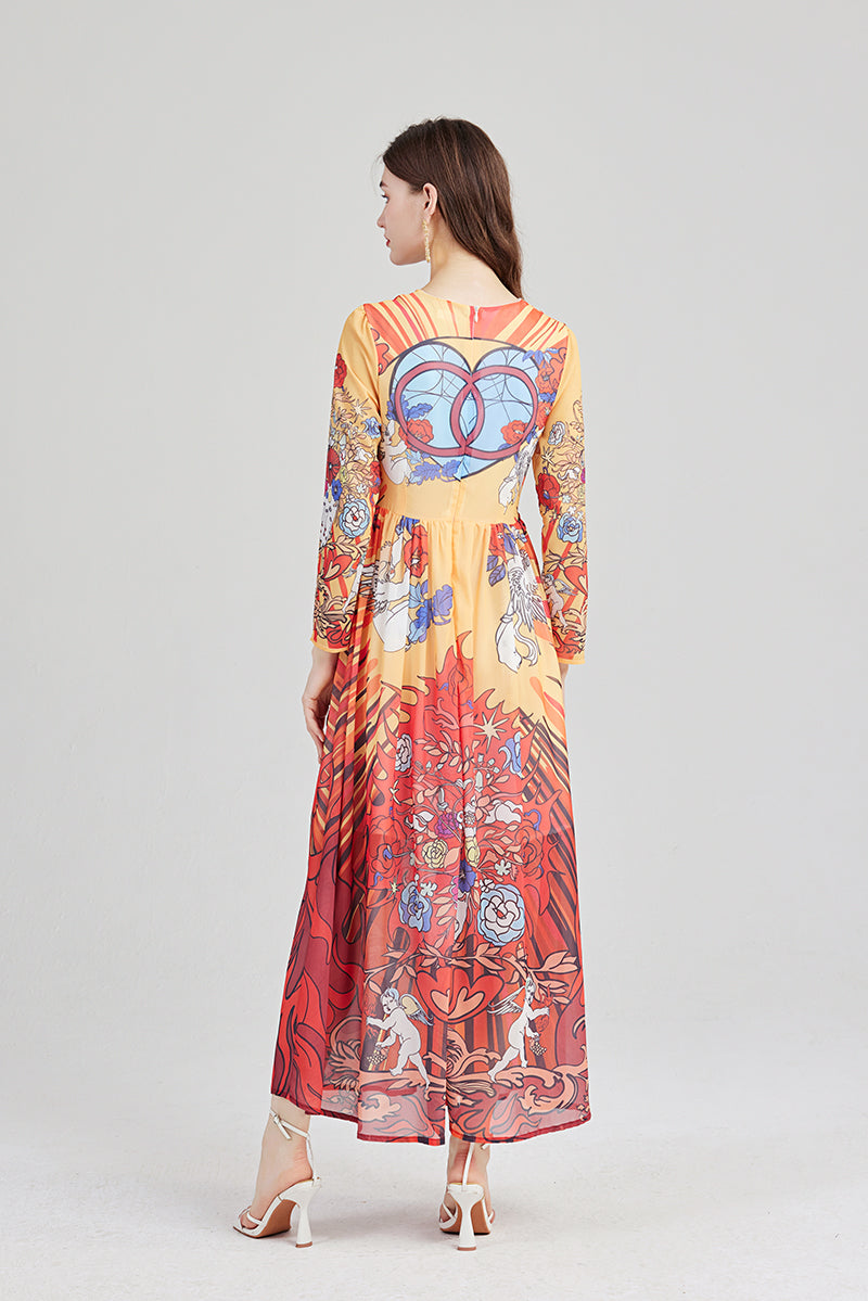 Arrival Angel Print Lightweight Imitation Chiffon dress Round Neck Large Swing A line Dress