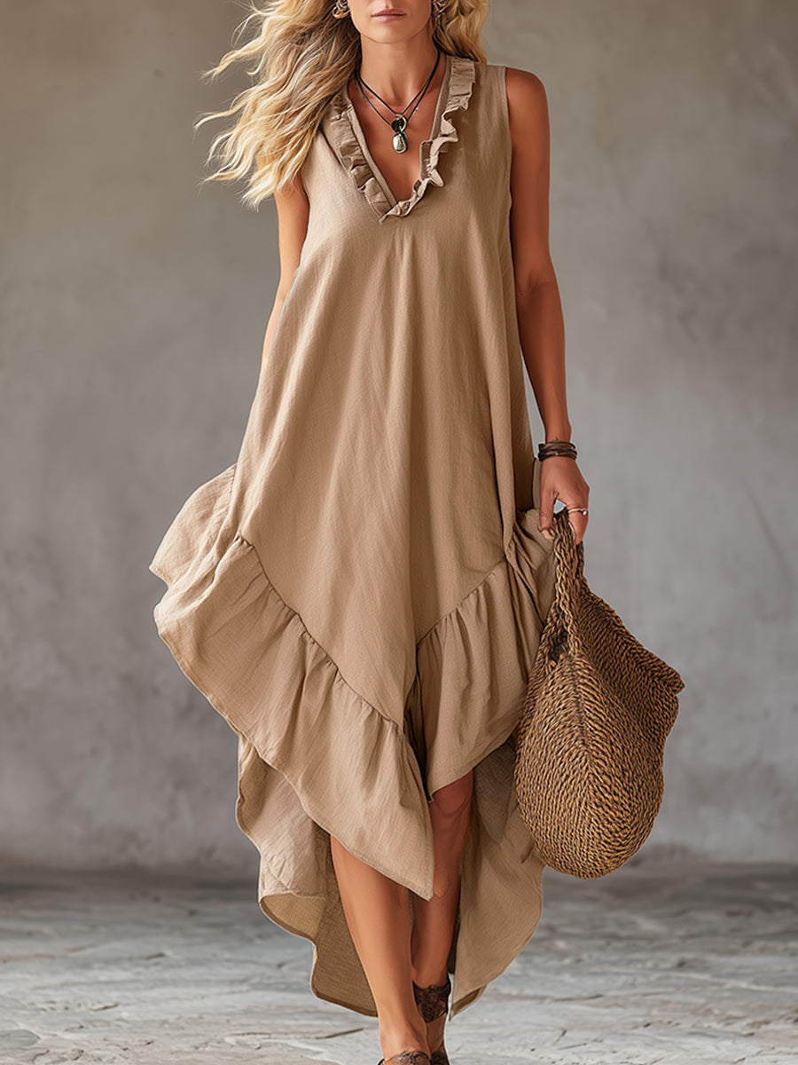 Casual Urban Style V-neck Ruffled Khaki Cotton And Linen Sleeveless Maxi Dress