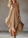 Casual Urban Style V-neck Ruffled Khaki Cotton And Linen Sleeveless Maxi Dress