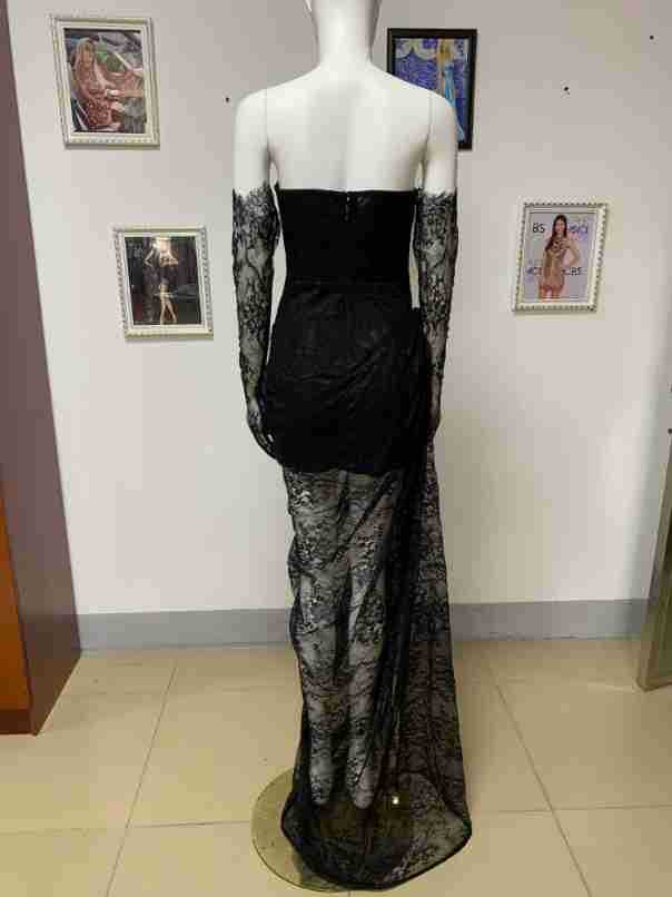 Internet Celebrity Wear Tube Top Lace Off The Shoulder High Slit Black Maxi Dress Birthday Catwalk Party Evening Dress