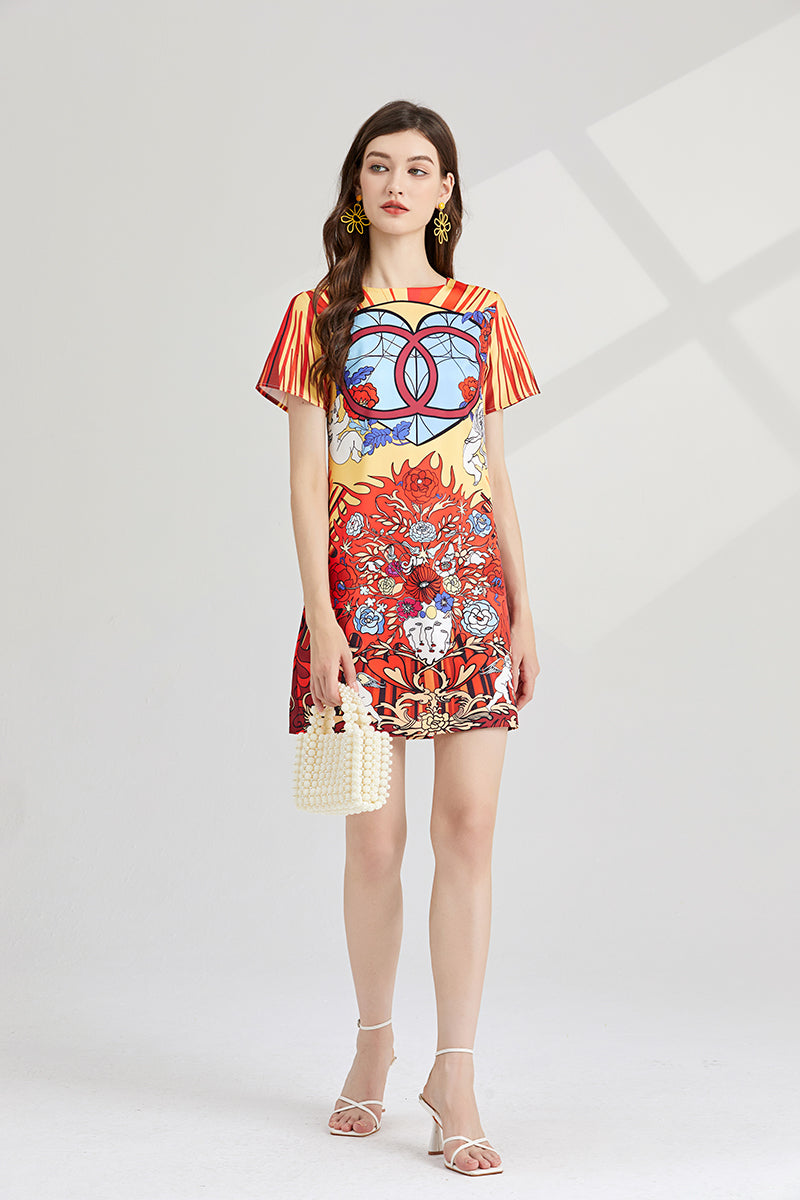 Crew Neck Printed Short Sleeved A Line Dress