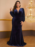Plus Size Dress Velvet Sequined Lantern Sleeve Elegant Graceful Fishtail Evening