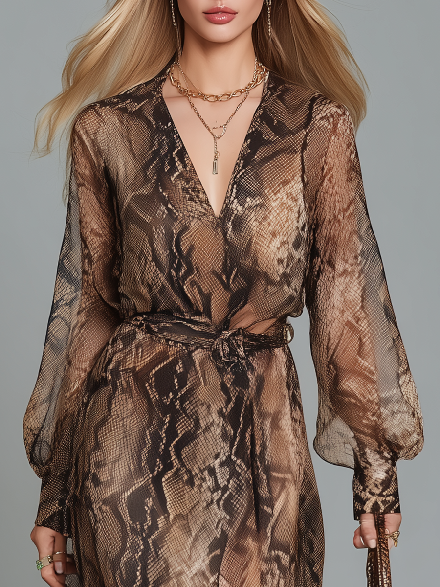 Fashionable Retro V-neck Long-sleeved Python Print Chiffon Maxi Dress
