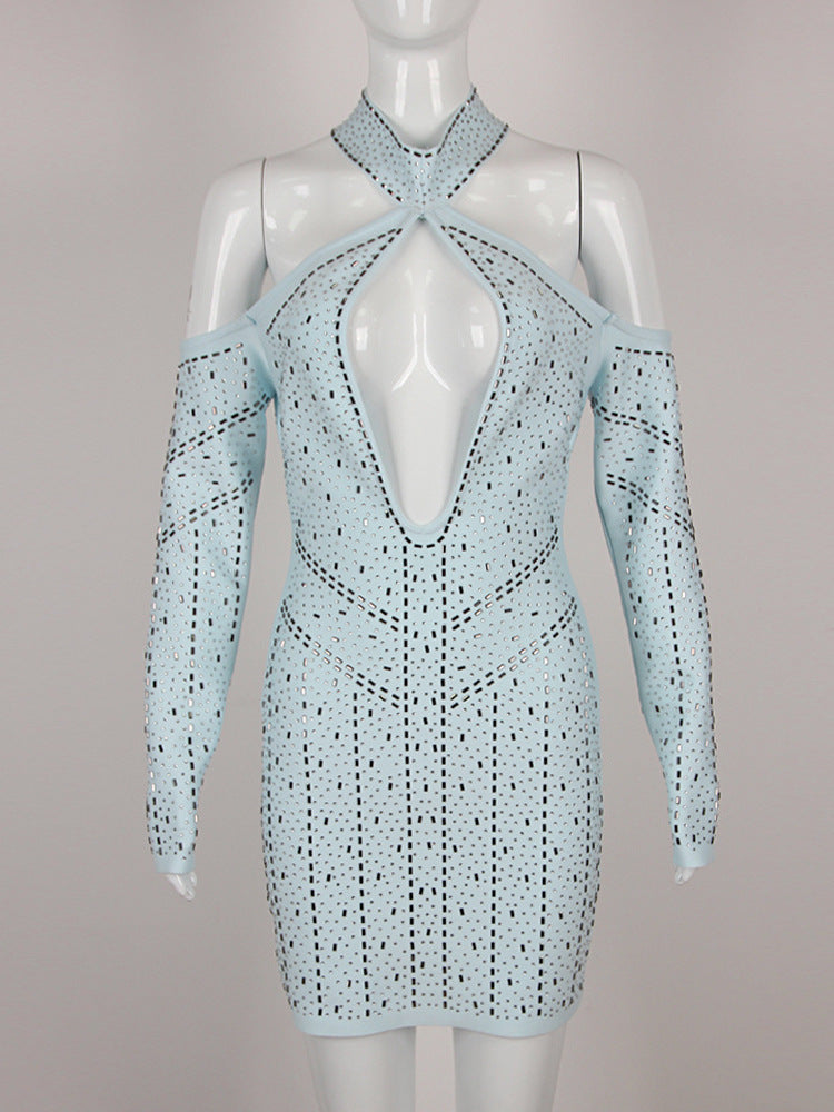 Clothes Rhinestone Hollow Out Cutout Sheath Bandage Maxi Dress