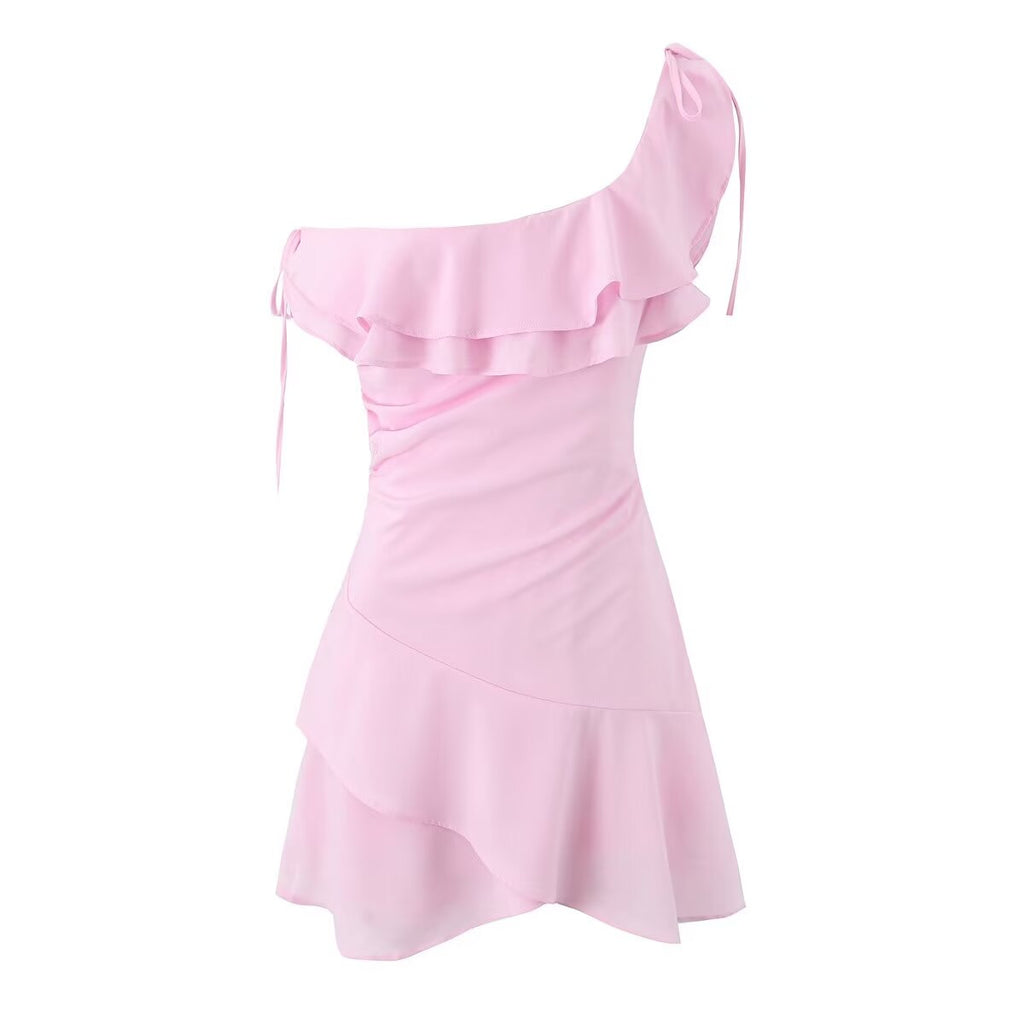 Sweet One Shoulder Irregular Asymmetric Multi Layer Ruffled Short Dress