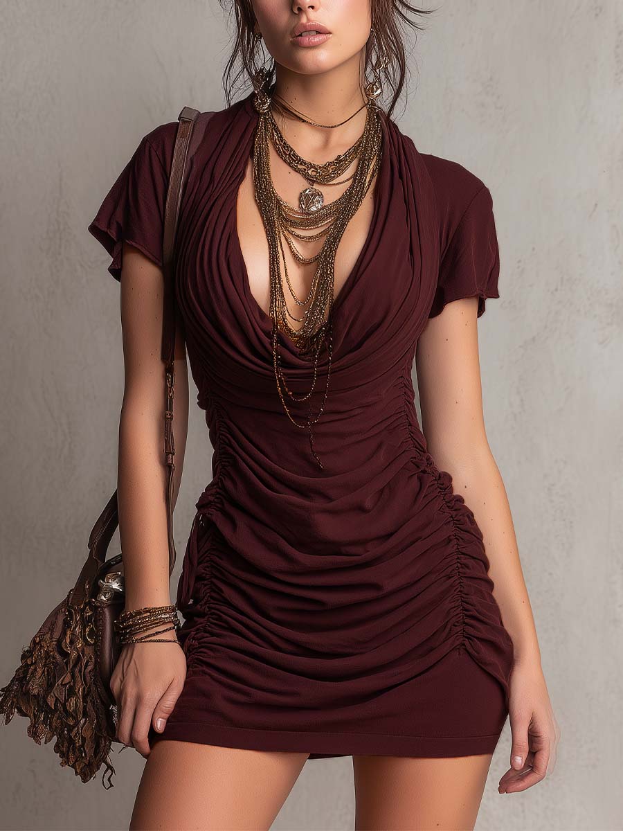 Modern Bohemian Cotton Draped Ruched Mini Dress