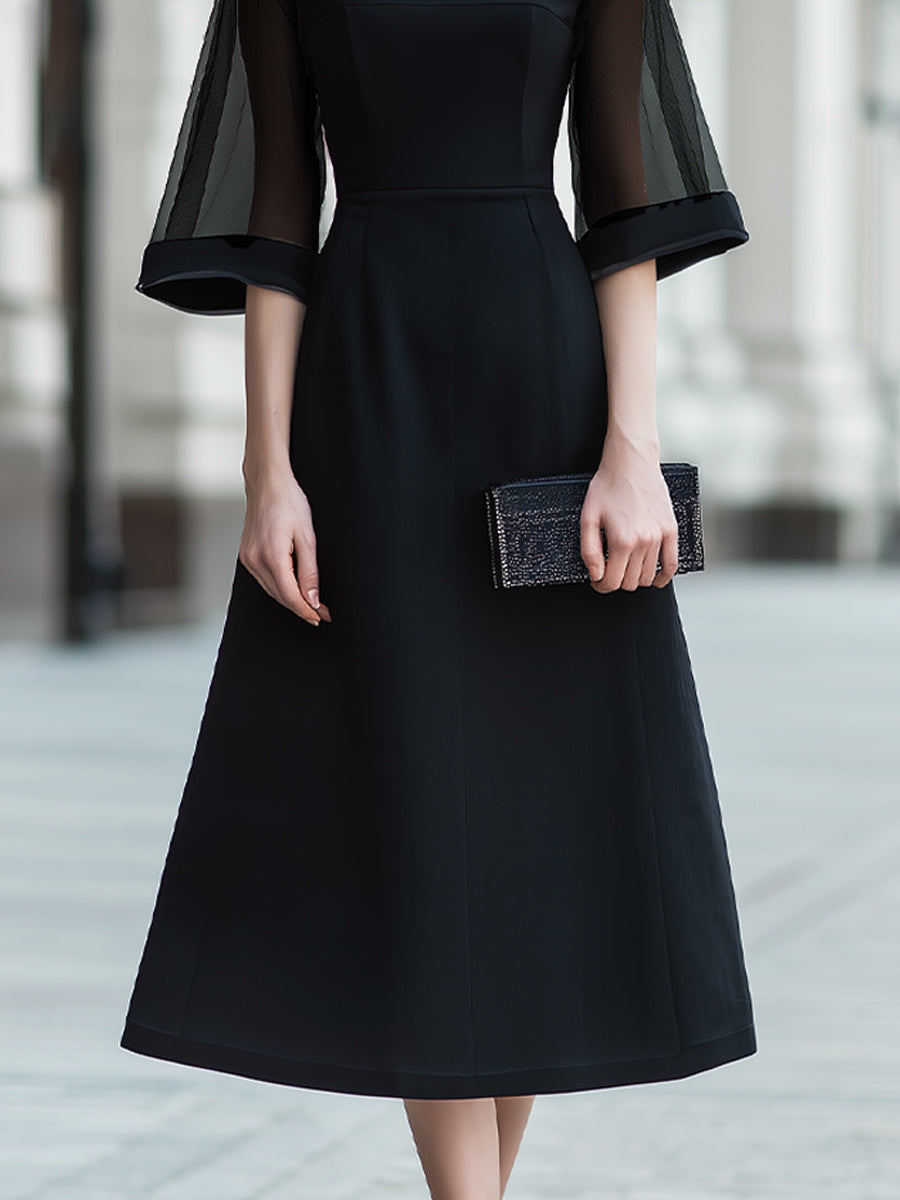 Sheer Sleeve Midi Dress With Structured Waist