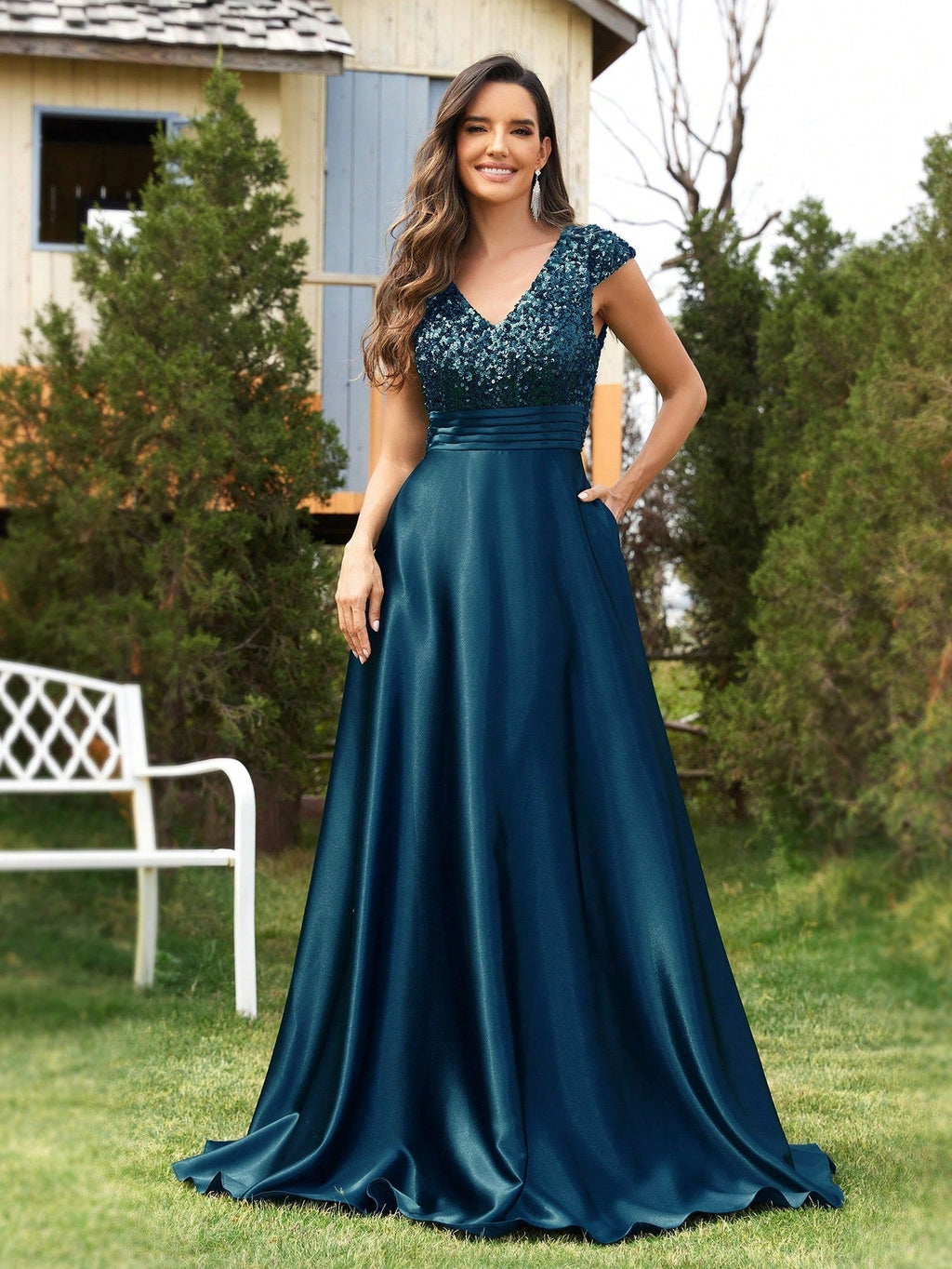 Sequined V neck Evening Dress for Cocktail Elegant Satin A line Dress Party