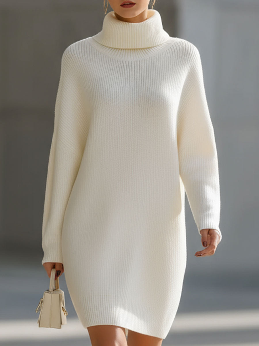 Elegant Cream Turtleneck Ribbed Knit Sweater Dress