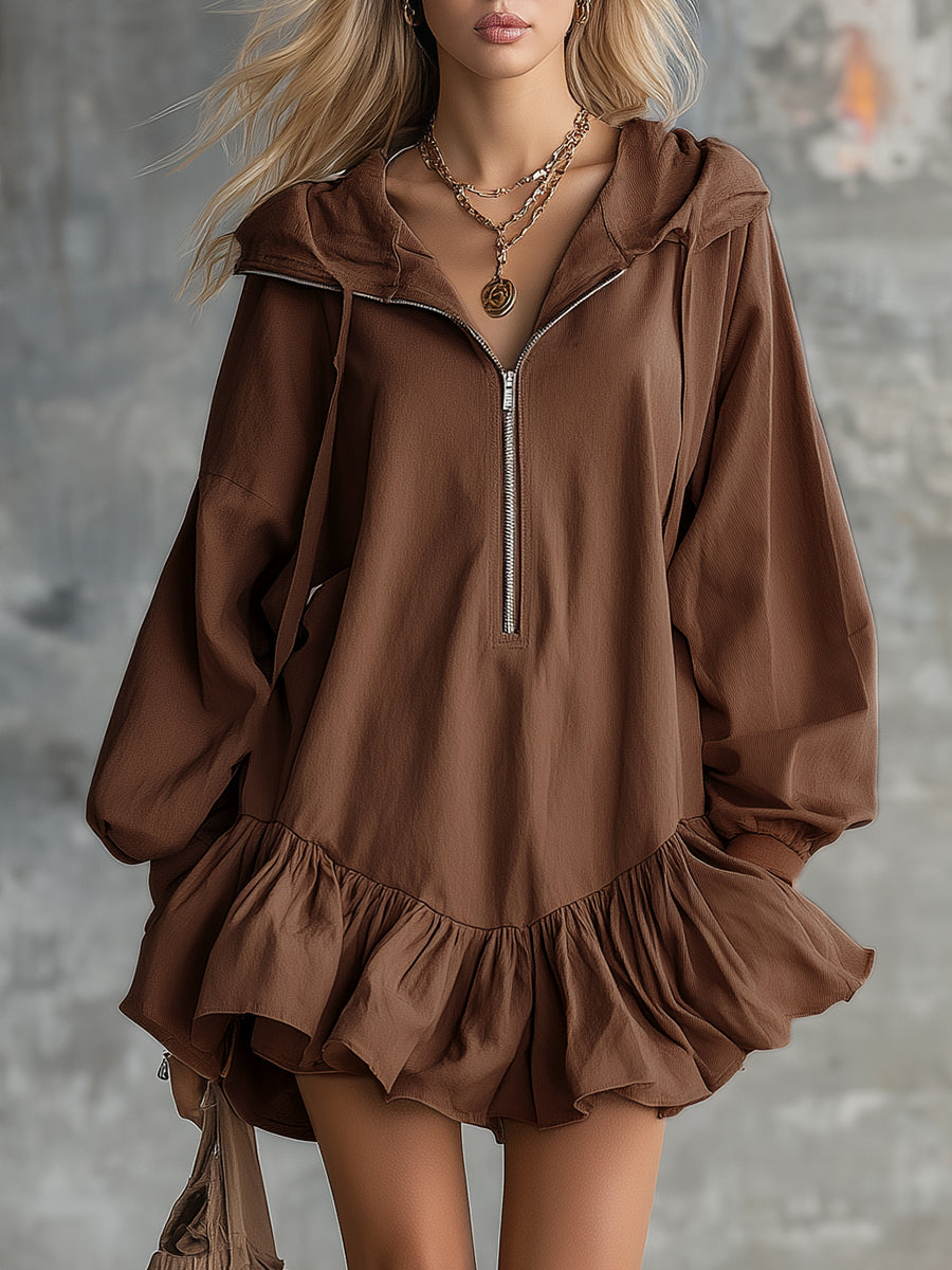 Vintage Hooded Half-zip Ruffle Trim Cotton And Linen Mini Dress