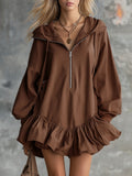 Vintage Hooded Half-zip Ruffle Trim Cotton And Linen Mini Dress