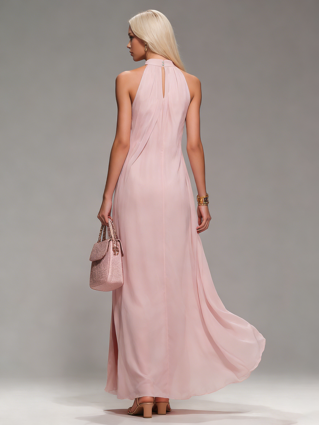Comfortable And Elegant Halter Neck Sleeveless Slit Chiffon Maxi Dress