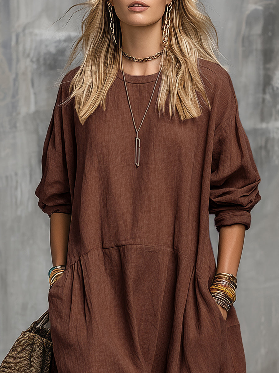 Retro Casual Solid Color Cotton And Linen Long-sleeved Midi Dress