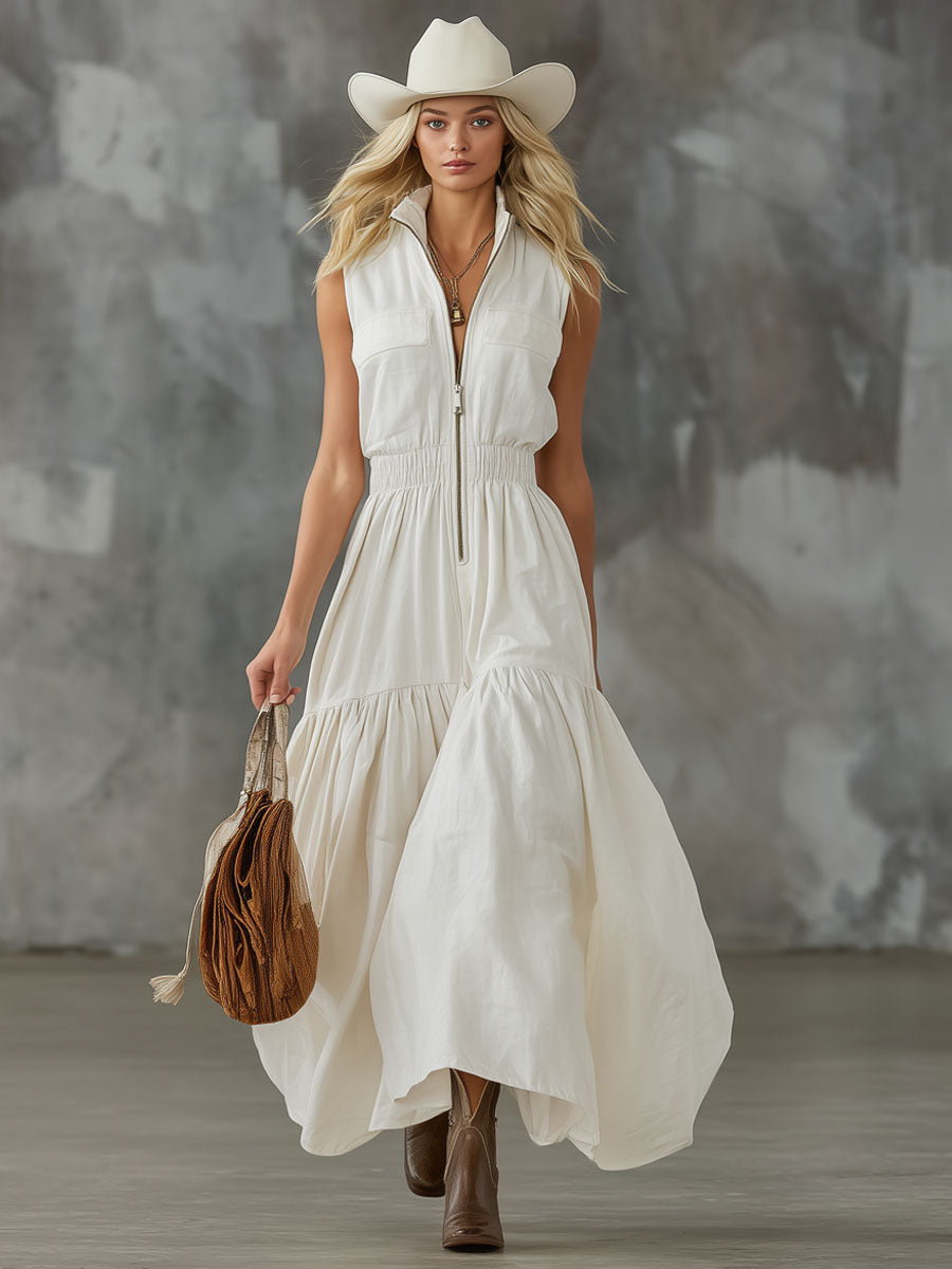 Stand-collar Double-pocket Elastic-waist Cotton-linen Sleeveless Maxi Dress