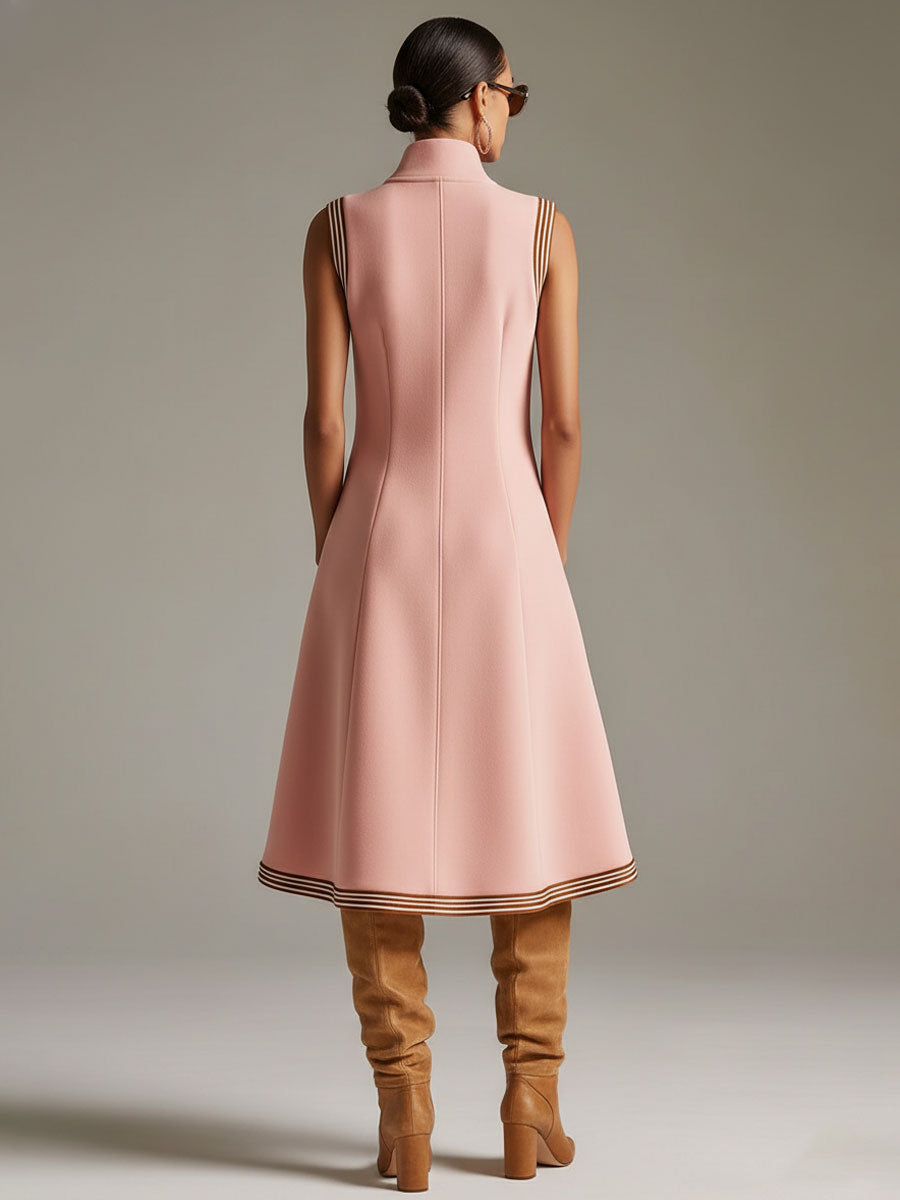 Sporty Retro Striped Ribbed Pink Cotton Blend Sleeveless Midi Dress
