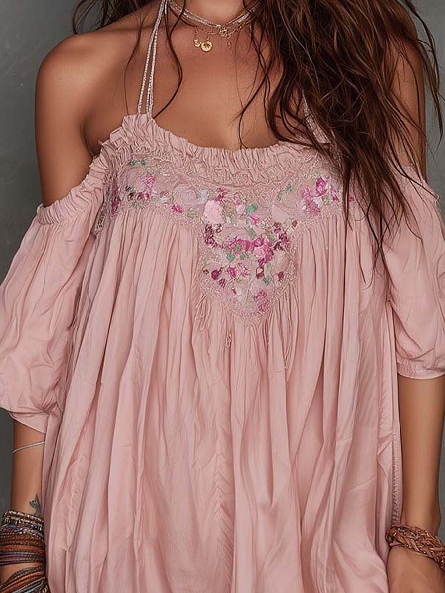 Romantic Vintage Embroidered Off-Shoulder Mini Dress