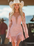 ¡¾24-hour shipping out¡¿Fashion Western Spaghetti Strap Off-Shoulder Hem Tassel Pink Lace Mini Dress