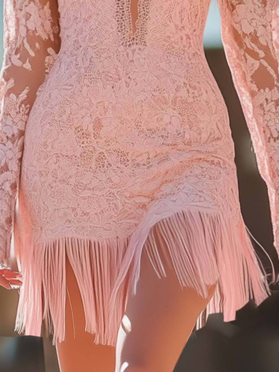 ¡¾24-hour shipping out¡¿Fashion Western Spaghetti Strap Off-Shoulder Hem Tassel Pink Lace Mini Dress