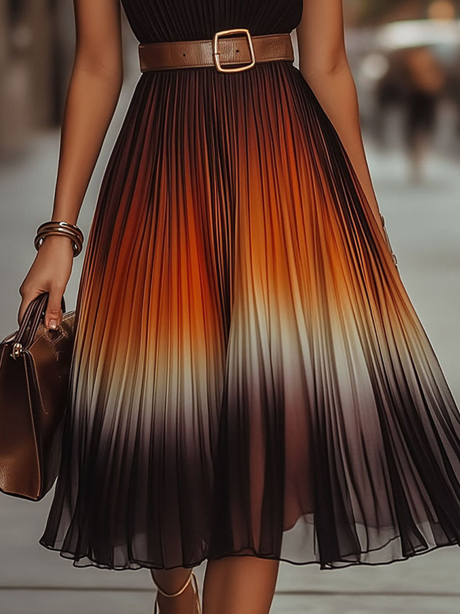 Sunset Pleated Ombre Halter Midi Dress