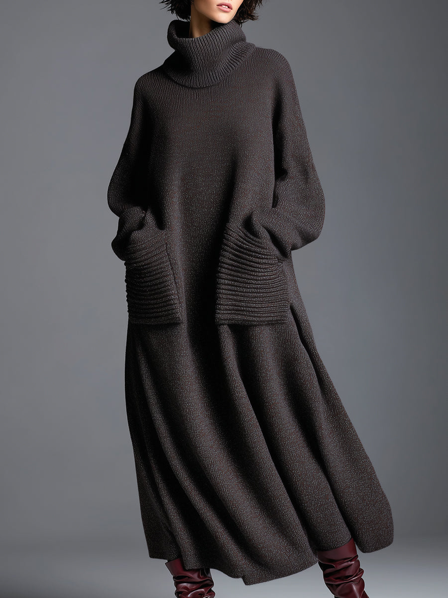 High-end Fashionable Loose Neckline Brown Knitted Maxi Dress